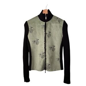 MontanaCo Green Pine Cone Black Wool Blend Knit Jacket Size Small Faux Suede Fur